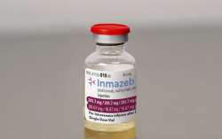 This image provided by Regeneron on Wednesday, Oct. 14, 2020, shows a vial of the company's Inmazeb medication. On Wednesday, the U.S. Food and Drug Administration said it has approved the drug for treating Ebola in both adults and children. 
 