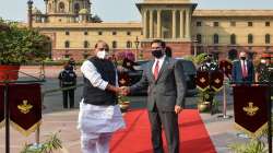 Defence Minister Rajnath Singh welcomes US Secretary of Defense Mark Esper (R) at South Block in New