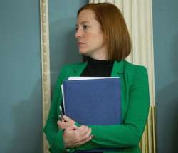 State Department spokeswoman Jen Psaki stands in on a meeting in Washington, Friday, Feb. 27, 2015. President-elect Joe Biden will have an all-female communications team at his White House, led by campaign communications director Kate Bedingfield. Jen Psaki will be his press secretary. (AP Photo/Pablo Martinez Monsivais)
 