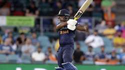 India's Sanju Samson jumps up while batting against Australia during their T20 international cricket match at Manuka Oval, in Canberra, Australia, Friday, Dec 4