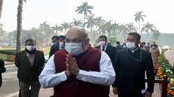 Union Home Minister Amit Shah arrives at Parliament House to attend the Budget session, in New Delhi.