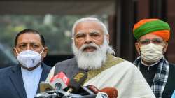 Prime Minister Narendra Modi addresses media personnel as he arrives at Parliament House to attend the Budget session. (File photo)