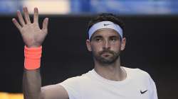 Buglaria's Grigor Dimitrov celebrates his win over Austria's Dominic Thiem in their fourth round match at the Australian Open tennis championships in Melbourne, Australia, Sunday, Feb. 14