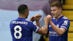 Leicester's Harvey Barnes, right, celebrates with Leicester's Youri Tielemans after scoring his sides second goal during the English Premier League soccer match between Aston Villa and Leicester City at Villa Park in Birmingham, England, Sunday, Feb. 21