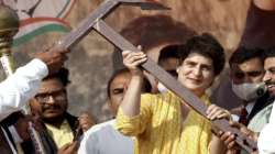 Congress General Secretary Priyanka Gandhi Vadra being presented a model of plough during a Kisan Mahapanchayat, in support of the ongoing farmers agitation against the three agri-laws, at Baghra in Muzaffarnagar.