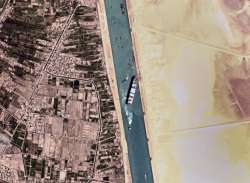 This satellite photo from Planet Labs Inc. shows the Ever Given cargo ship stuck in Egypt's Suez Canal Monday, March 29, 2021.?