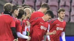 Denmark's National team players wear shirts reading "Football supports change" prior to the World Cup qualifier World Cup qualifier in group F between Denmark and Moldova, at the MCH Arena in Herning, Sunday March 28