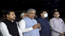 BJP MPs Bhupendra Yadav, Piyush Goyal and others address the media outside Nirvachan Sadan after meeting the Election Commission of India, in New Delhi.