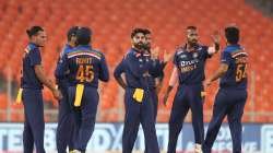 India celebrate after Hardik Pandya of India dismisses Jason Roy of England during the 4th T20 International between India and England at Narendra Modi Stadium on March 18