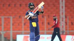 India Captain Virat Kohli celebrates after making 50 during the 5th T20 International between India and England at Narendra Modi Stadium on March 20