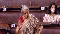 Union Finance Minister Nirmala Sitharaman speaks in the Rajya Sabha, during the Budget Session of Parliament, in New Delhi.