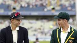 Joe Root of England and Tim Paine of Australia meet for the toss of the coin during Day One of the 1st Specsavers Ashes Test between England and Australia at Edgbaston on August 01, 2019 in Birmingham