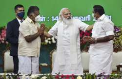 Prime Minister Narendra Modi with Tamil Nadu CM Edappadi K Palaniswami and Deputy CM O Panneerselvam.