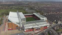 Liverpool's Anfield Stadium is seen after the collapse of English involvement in the proposed European Super League, Liverpool, England, Wednesday, April 21