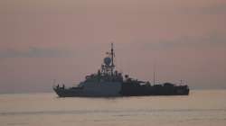 An Indonesian navy patrol ship sails to join the search for submarine KRI Nanggala that went missing while participating in a training exercise on Wednesday, off Banyuwangi, East Java, Indonesia.