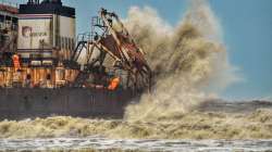 High sea waves due to cyclone Tauktae hit Bhagavathi Prem Sinken Dredger, at Surathkal Beach near Mangaluru.