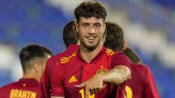 Spain's Javier Puado celebrates after scoring Spain's fourth goal during the international friendly soccer match against Lithuania at the Butarque Stadium in Leganes, on the outskirts of Madrid, Spain, Tuesday June 8