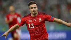 Switzerland's Xherdan Shaqiri celebrates scoring his side's third goal during the Euro 2020 soccer championship group A match between Switzerland and Turkey at the Baku Olympic Stadium in Baku, Azerbaijan, Sunday, June 20