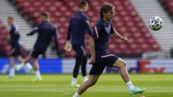 Croatia's Luka Modric controls the ball during a training session at the Hampden Park Stadium in Glasgow, Thursday, June 17