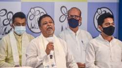 BJP leader Mukul Roy with TMC National General Secretary Abhisekh Banerjee during his re-joining of TMC party, at TMC Bhavan in Kolkata.