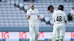 Ollie Robinson of England celebrates the successful review to dismiss Kane Williamson of New Zealand during Day 4 of the First LV= Insurance Test Match between England and New Zealand at Lord's Cricket Ground on June 05