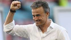 Spain's manager Luis Enrique celebrates at the end of the Euro 2020 soccer championship round of 16 match between Croatia and Spain at the Parken Stadium in Copenhagen, Monday June 28