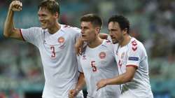 From left, Denmark's Jannik Vestergaard, Joakim Maehle and Thomas Delaney 