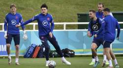 England's goalkeeper Jordan Pickford, Harry Maguire, Jordan Henderson, Harry Kane and Kieran Trippier during a training session at St George's Park, Burton upon Trent, England, Monday July 5