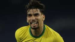 Brazil's Lucas Paqueta celebrates after scoring his side's opening goal against Peru during a Copa America semifinal soccer match at Nilton Santos stadium in Rio de Janeiro, Brazil, Monday, July 5