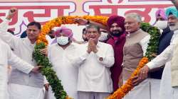 Newly appointed Punjab Congress President Navjot Singh Sidhu with Punjab CM Capt. Amrinder Singh with party leaders Harish Rawat and Sunil Jakhar at Punjab Congress Bhawan in Chandigarh, Friday, July 23, 2021