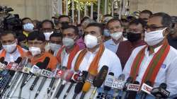 Leader of Opposition Suvendhu Adhikari along with BJP MLAs speak to media after meeting with Governor Jagdeep Dhankhar at Raj Bhavan in Kolkata.