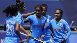 Vandana Katariya (centre) celebrates with Indian teammates after scoring against South Africa in Tok