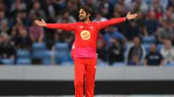 Welsh Fire bowler Qais Ahmad celebrates after taking the wicket of John Simpson during The Hundred match between Northern Superchargers Men and Welsh Fire Men at Emerald Headingley Stadium on July 24