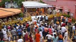 Crowd of media personnel and other at the Baghambari Gaddi Math where UP CM Yogi Adityanath arrived to pay tribute to Akhil Bharatiya Akhara Parishad President Mahant Narendra Giri Maharaj, who was found dead in mysterious conditions, in Prayagraj.