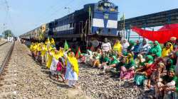 Members of Bhartiya Kisan Union Ugrahan stop the Delhi-Shri Ganganagar Intercity Express during farmers Bharat Bandh against central governments three farm reform laws, at Daun Kalan village near Patiala.