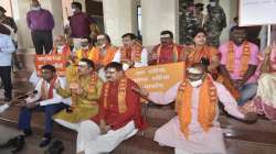 BJP legislatures wearing traditional attire chanting Vedic hymns and reading Hanuman Chalisa during a protest against Jharkhand Chief Minister Hemant Soren on his decision for allocating a room to offer ‘Namaz’ inside Jharkhand Assembly during ongoing Budget Session in Ranchi