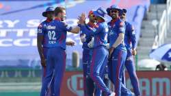 Anrich Nortje of Delhi Capitals celebrates the wicket of Yashasvi Jaiswal of Rajasthan Royals during match 36