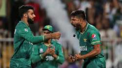 Pakistan's Haris Rauf celebrates the dismissal of New Zealand's Martin Guptill during the Cricket Tw