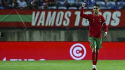 Cristiano Ronaldo of Portugal celebrates after scoring the team's first goal during the internationa