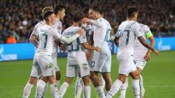 Riyad Mahrez of Manchester City (obscured) celebrates after scoring their side's second goal with Phil Foden, Bernardo Silva and Jack Grealish during the UEFA Champions League group A match between Club Brugge KV and Manchester City at Jan Breydel Stadium on October 19, 2021 in Brugge, Belgium. 