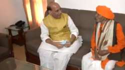 Defence Minister Rajnath Singh meets one of the oldest BJP workers and?former Jana Sangh MLA from Uttar Pradesh Bhulai Bhai.