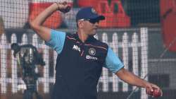 Indian cricket coach Rahul Dravid trains with players ahead of fourth days play of their first test 