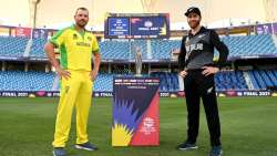 Rival captains Aaron Finch of Australia and Kane Williamson of New Zealand pose with the T20 World C