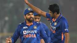 Ravichandran Ashwin of India celebrates the wicket of Mitchell Santner of New Zealand (not pictured)