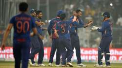 Axar Patel of India celebrates the wicket of Mark Chapman of New Zealand during the Third T20 International match between India and New Zealand at Eden Gardens on November 21, 2021 in Kolkata, India.?
?