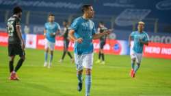 Mumbai City's Igor Angulo (centre) celebrates after scoring a goal against FC Goa in Margao on Monda