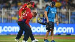 Jason Roy of England reacts as they retire hurt during the ICC Men's T20 World Cup match between Eng