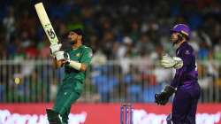 Shoaib Malik of Pakistan plays a shot as Matthew Cross of Scotland keeps during the ICC Men's T20 Wo