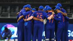 Players of India huddle during the ICC Men's T20 World Cup match between India and Namibia at Dubai International Stadium on November 08, 2021 in Dubai, United Arab Emirates. 