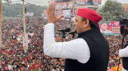 Samajwadi Party chief Akhilesh Yadav speaks during his Vijay Rath Yatra ahead of 2022 Uttar Pradesh Assembly elections in Unnao on Tuesday, Dec. 28, 2021.?